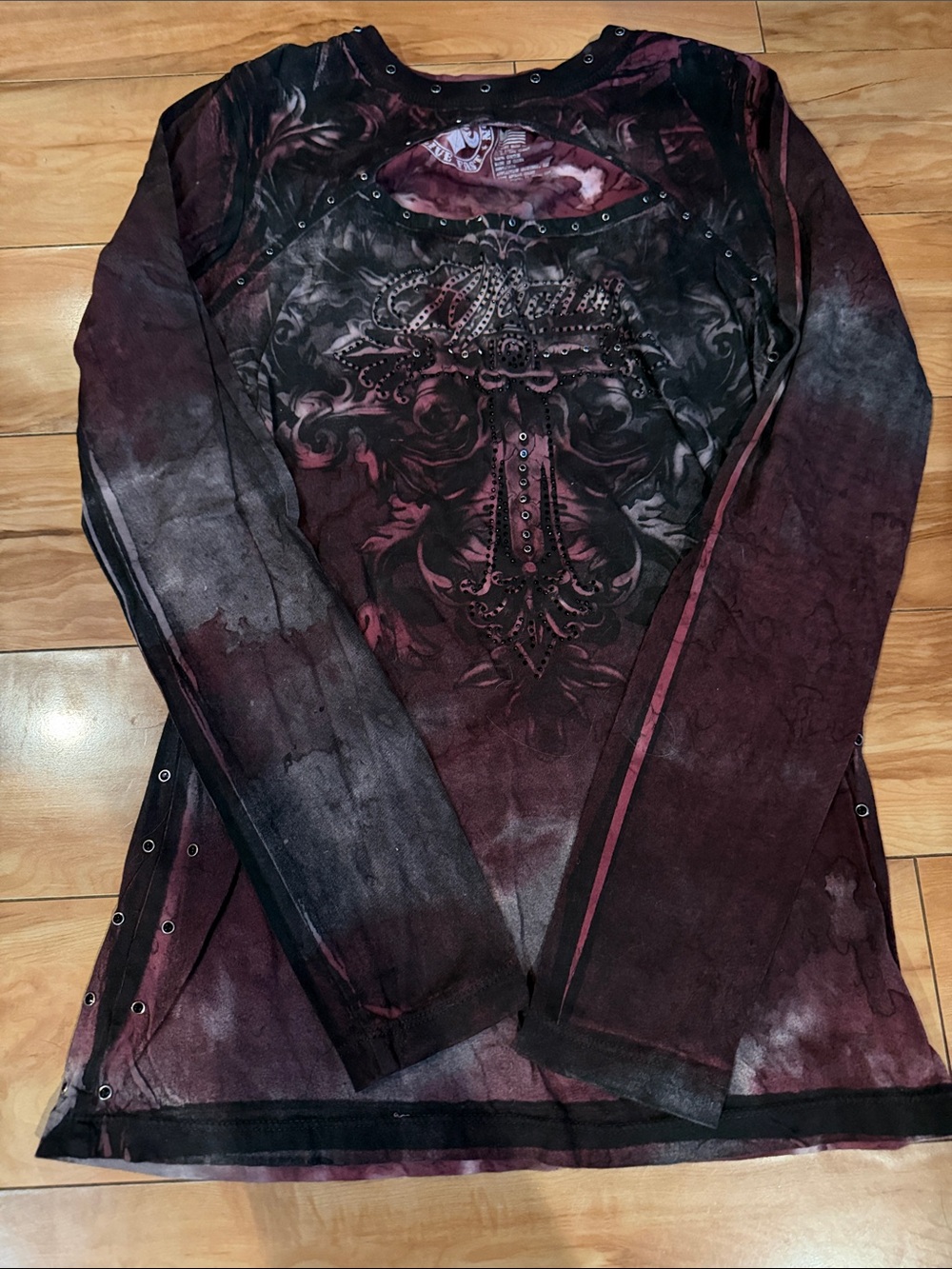 Women’s Y2K affliction Burgundy & Black Long Sleeve Graphic Top